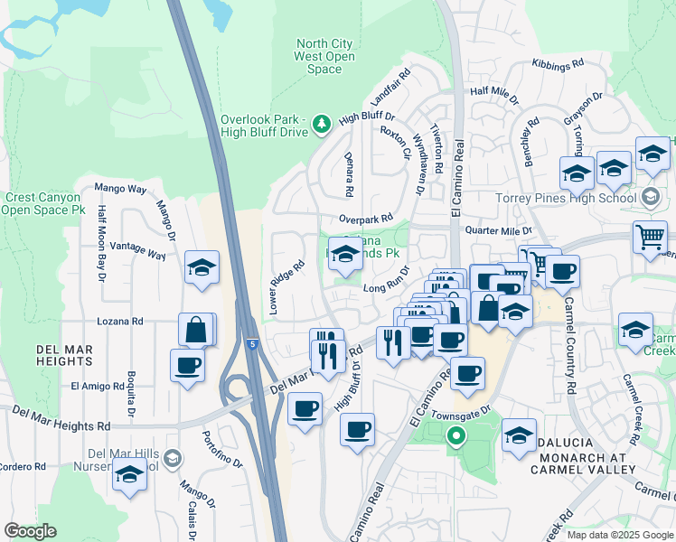 map of restaurants, bars, coffee shops, grocery stores, and more near 3510 Long Run Drive in San Diego