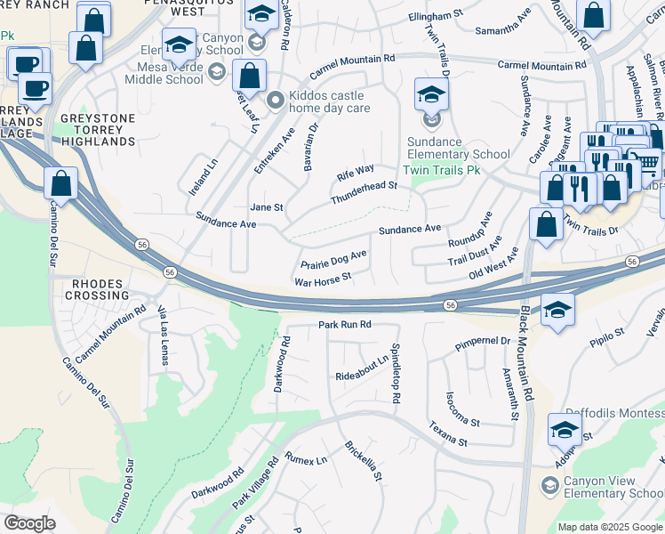 map of restaurants, bars, coffee shops, grocery stores, and more near 12795 Prairie Dog Avenue in San Diego