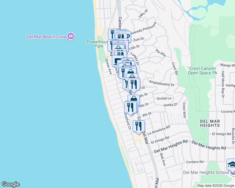 map of restaurants, bars, coffee shops, grocery stores, and more near 143 11th Street in Del Mar
