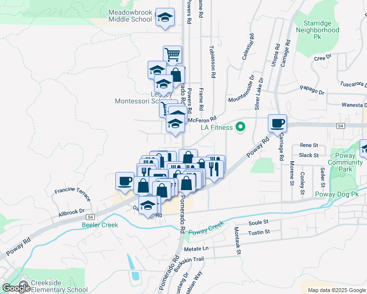 map of restaurants, bars, coffee shops, grocery stores, and more near Pomerado Rd & Robison Blvd in Poway