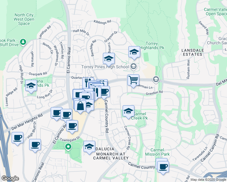 map of restaurants, bars, coffee shops, grocery stores, and more near 12688 Torrey Bluff Drive in San Diego