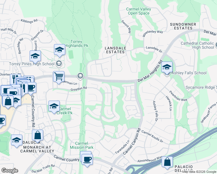 map of restaurants, bars, coffee shops, grocery stores, and more near 12873 Corbett Court in San Diego