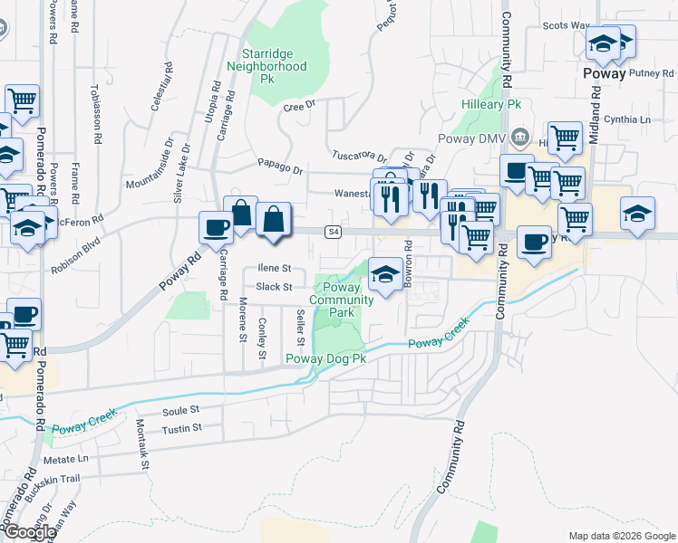 map of restaurants, bars, coffee shops, grocery stores, and more near 13126 Quate Court in Poway
