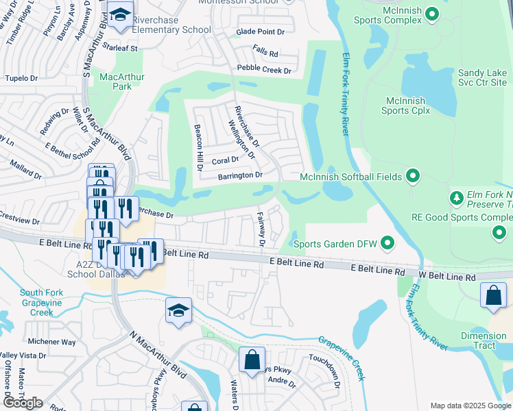 map of restaurants, bars, coffee shops, grocery stores, and more near 1317 Riverchase Drive in Coppell