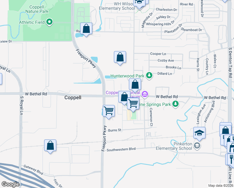 map of restaurants, bars, coffee shops, grocery stores, and more near 544 West Bethel Road in Coppell