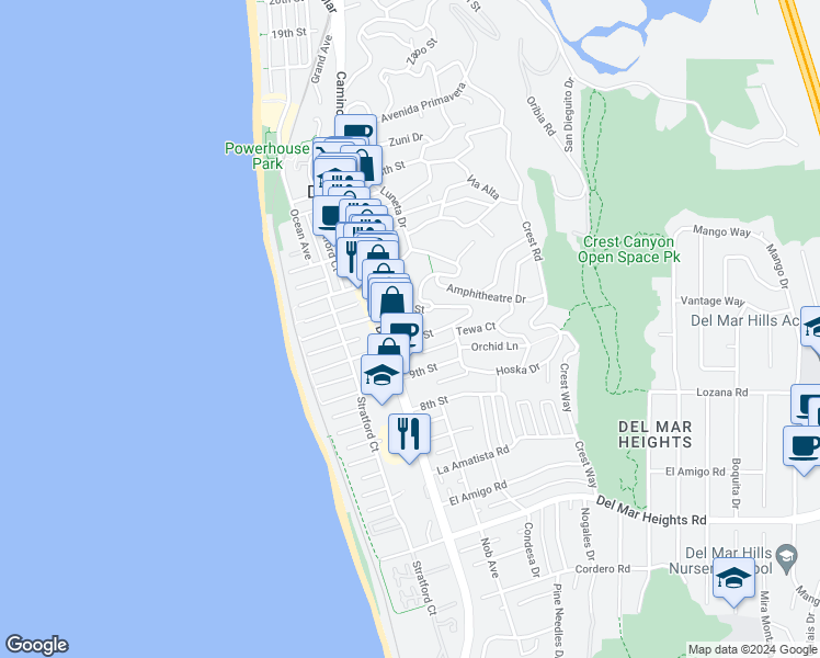 map of restaurants, bars, coffee shops, grocery stores, and more near 346 10th Street in Del Mar