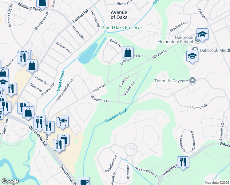 map of restaurants, bars, coffee shops, grocery stores, and more near 5158 Torrey Lane in Summerville