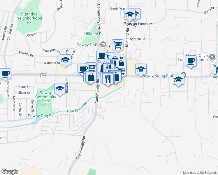 map of restaurants, bars, coffee shops, grocery stores, and more near 13487 Poway Road in Poway
