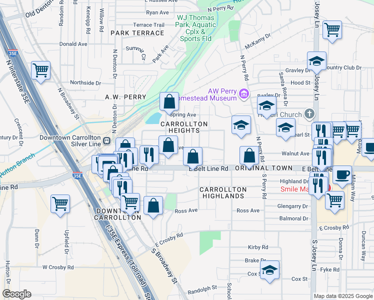 map of restaurants, bars, coffee shops, grocery stores, and more near 1014 Clint Street in Carrollton