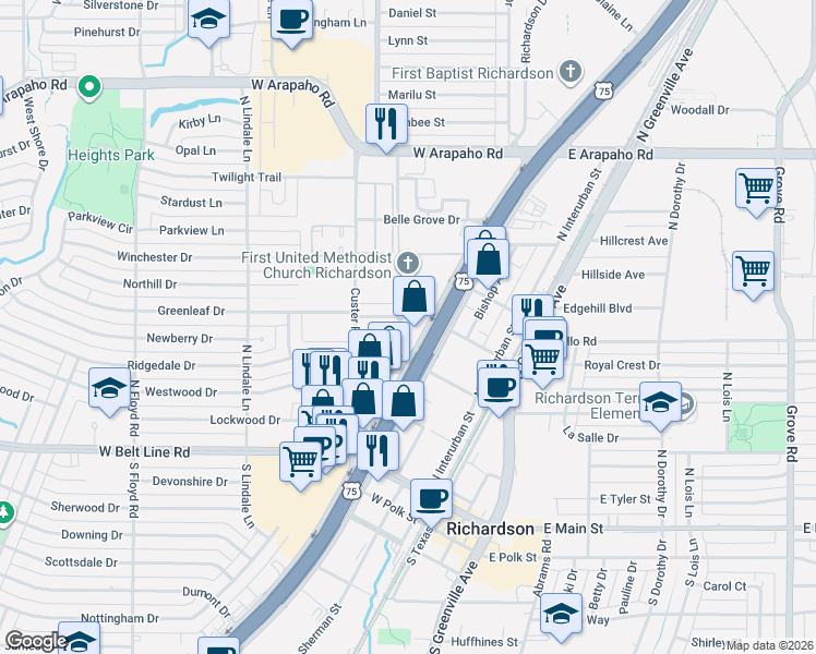 map of restaurants, bars, coffee shops, grocery stores, and more near 431 Rustic Circle in Richardson