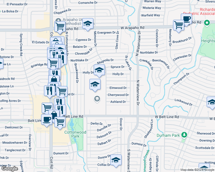 map of restaurants, bars, coffee shops, grocery stores, and more near 1228 Elmwood Drive in Richardson