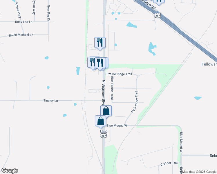 map of restaurants, bars, coffee shops, grocery stores, and more near 12501 Blue Prairie Trail in Fort Worth