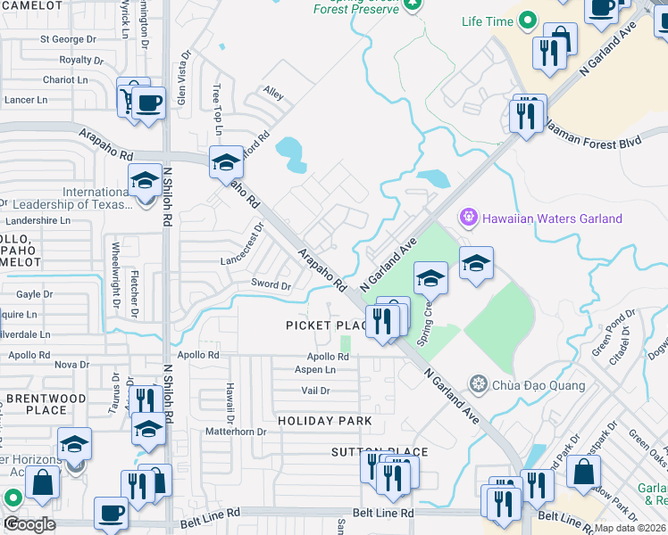 map of restaurants, bars, coffee shops, grocery stores, and more near 1961 Arapaho Road in Garland