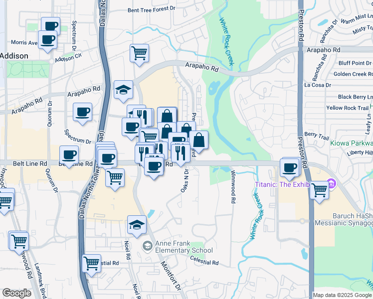 map of restaurants, bars, coffee shops, grocery stores, and more near 5335 Belt Line Road in Dallas