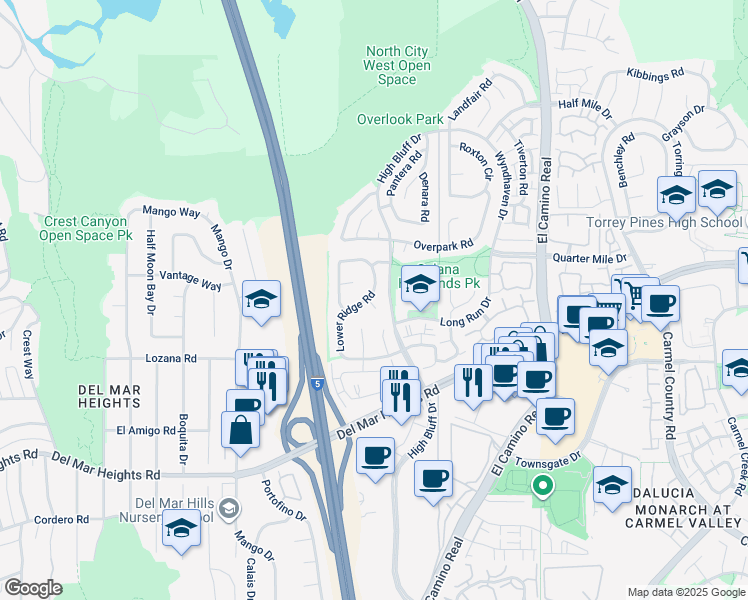 map of restaurants, bars, coffee shops, grocery stores, and more near 13095 Survey Point in San Diego
