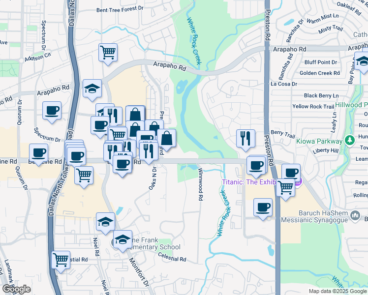 map of restaurants, bars, coffee shops, grocery stores, and more near 5495 Belt Line Road in Dallas