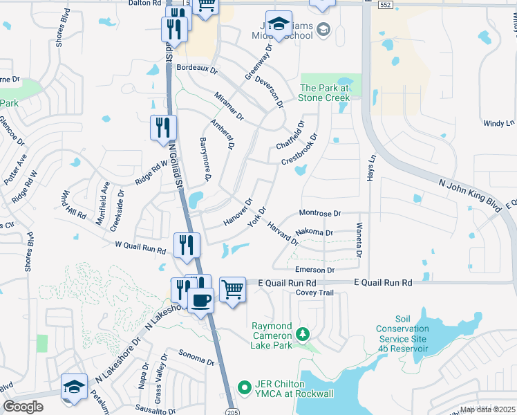 map of restaurants, bars, coffee shops, grocery stores, and more near 678 York Drive in Rockwall