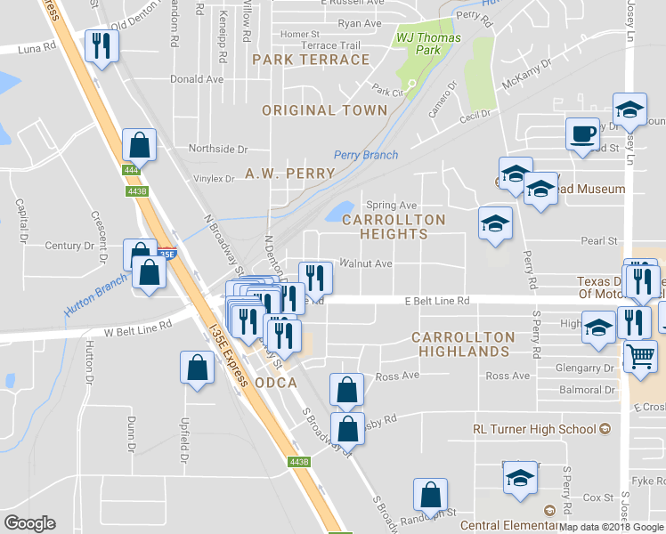map of restaurants, bars, coffee shops, grocery stores, and more near 1308 Walnut Avenue in Carrollton