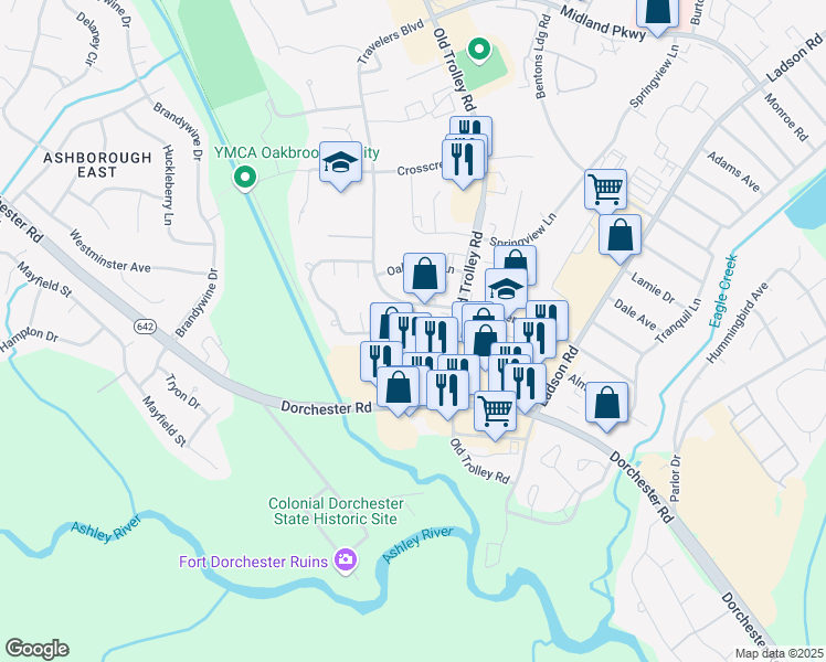 map of restaurants, bars, coffee shops, grocery stores, and more near 109 Parish Parc Drive in Summerville