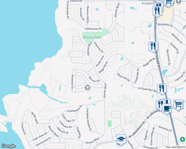 map of restaurants, bars, coffee shops, grocery stores, and more near 1280 Wind Hill Road in Rockwall