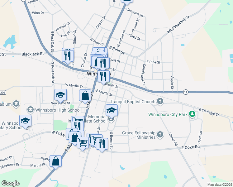 map of restaurants, bars, coffee shops, grocery stores, and more near 209 South Chestnut Street in Winnsboro