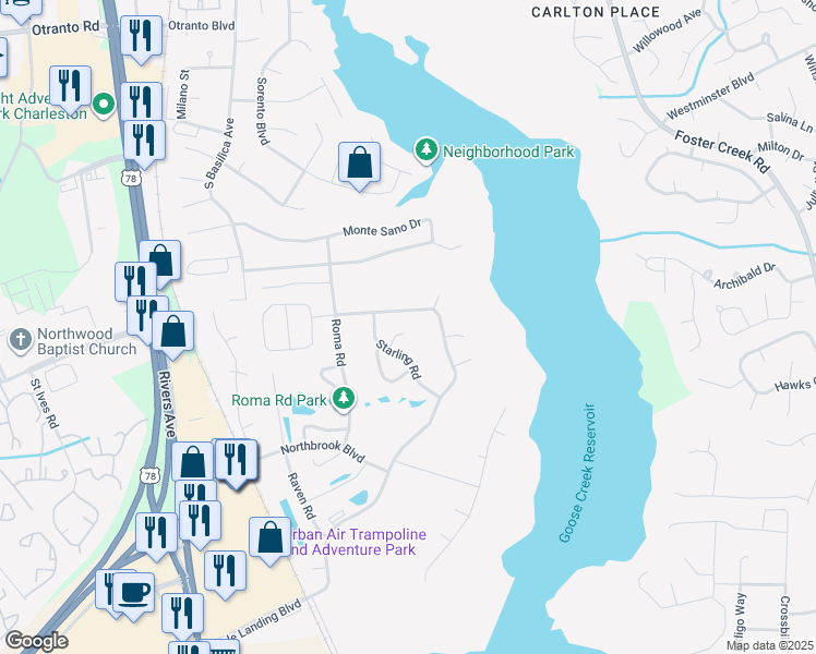 map of restaurants, bars, coffee shops, grocery stores, and more near 1213 Song Bird Ct in Hanahan