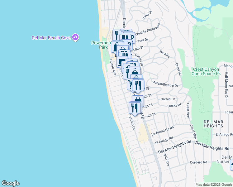 map of restaurants, bars, coffee shops, grocery stores, and more near 118 11th Street in Del Mar