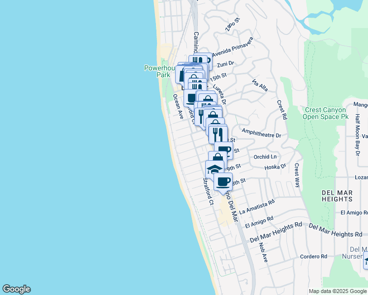 map of restaurants, bars, coffee shops, grocery stores, and more near 118 11th Street in Del Mar