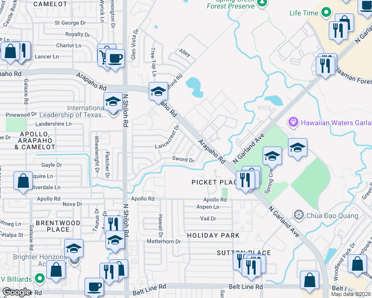 map of restaurants, bars, coffee shops, grocery stores, and more near 4013 Broken Bow Ln in Garland