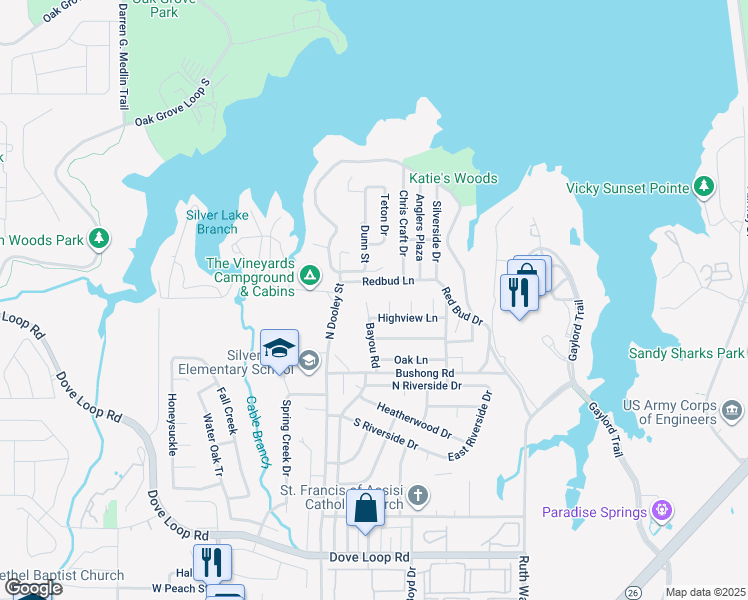 map of restaurants, bars, coffee shops, grocery stores, and more near 1410 Bayou Road in Grapevine