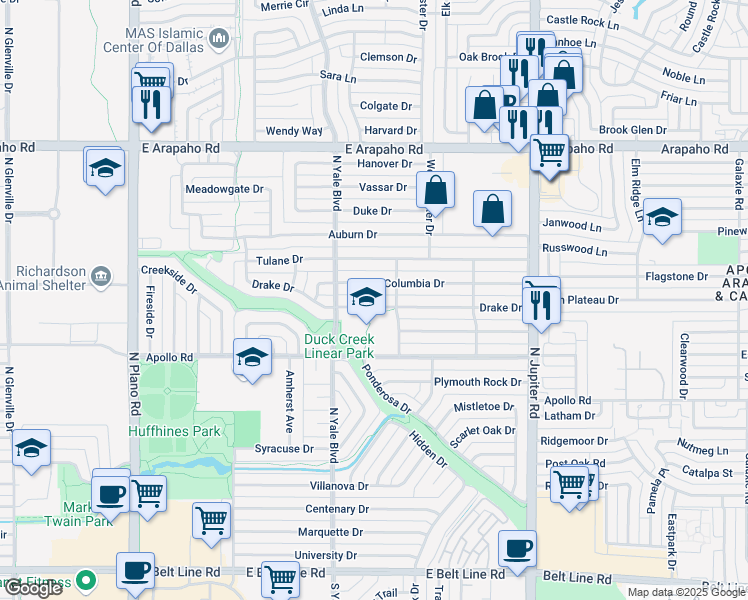 map of restaurants, bars, coffee shops, grocery stores, and more near 1809 Drake Drive in Richardson
