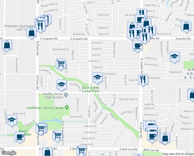 map of restaurants, bars, coffee shops, grocery stores, and more near 1809 Drake Drive in Richardson
