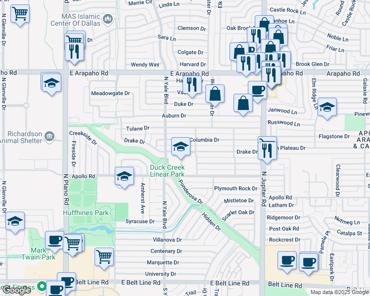 map of restaurants, bars, coffee shops, grocery stores, and more near 1809 Drake Drive in Richardson