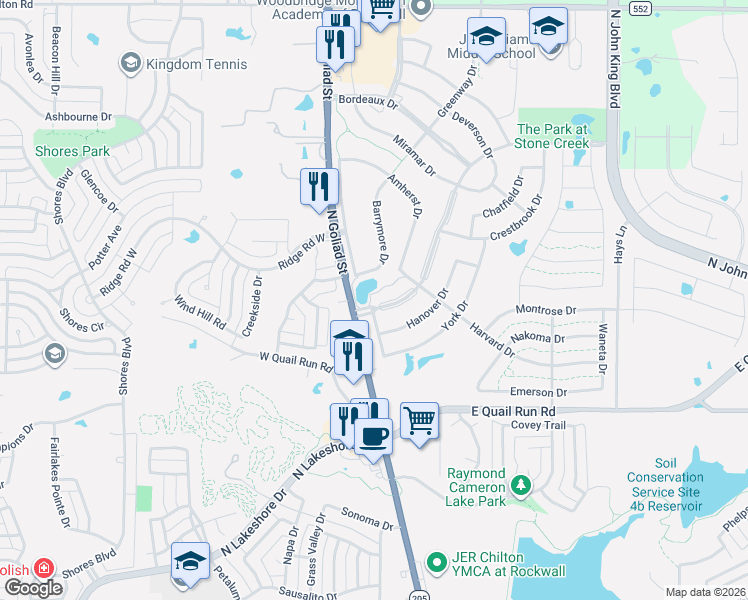 map of restaurants, bars, coffee shops, grocery stores, and more near 825 Featherstone Drive in Rockwall