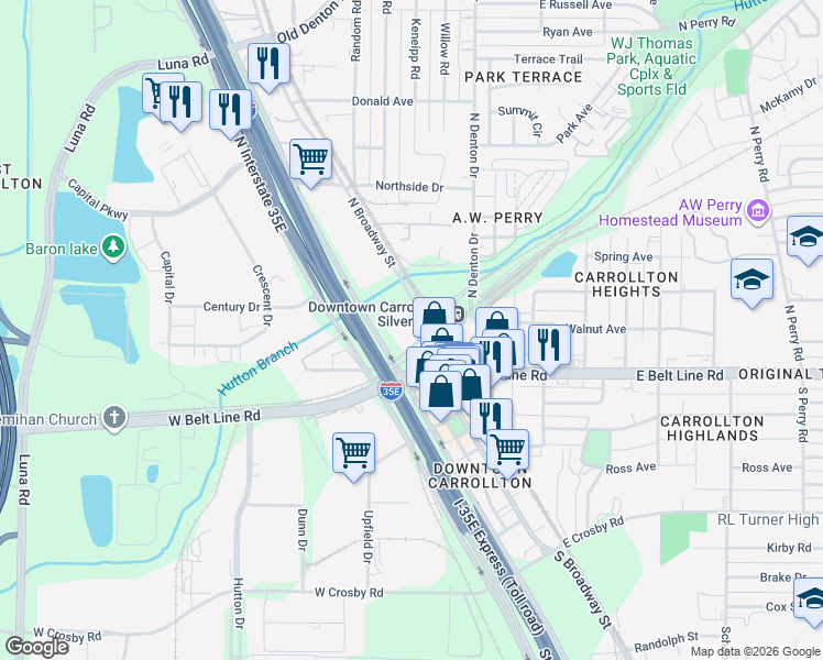 map of restaurants, bars, coffee shops, grocery stores, and more near 1199 North Broadway Street in Carrollton