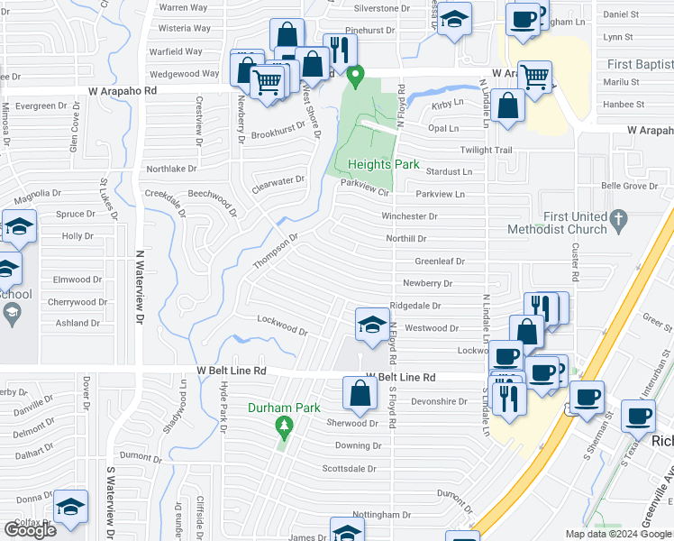 map of restaurants, bars, coffee shops, grocery stores, and more near 722 Newberry Drive in Richardson