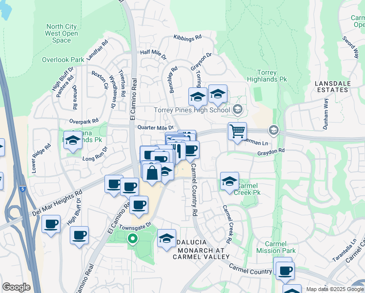 map of restaurants, bars, coffee shops, grocery stores, and more near 12980 Carmel Country Road in San Diego