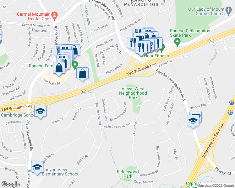 map of restaurants, bars, coffee shops, grocery stores, and more near 9864 Saskatchewan Avenue in San Diego