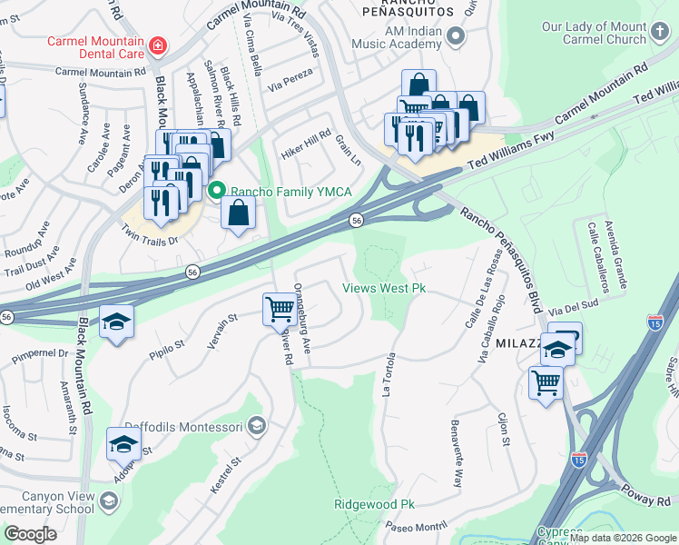 map of restaurants, bars, coffee shops, grocery stores, and more near 9864 Saskatchewan Avenue in San Diego