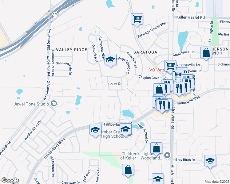 map of restaurants, bars, coffee shops, grocery stores, and more near 3340 Tori Trail in Fort Worth
