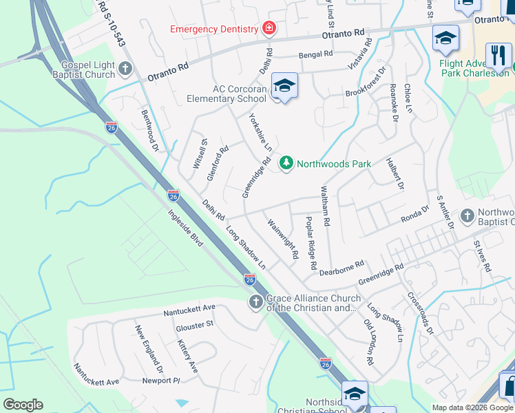 map of restaurants, bars, coffee shops, grocery stores, and more near 2662 Delhi Road in North Charleston
