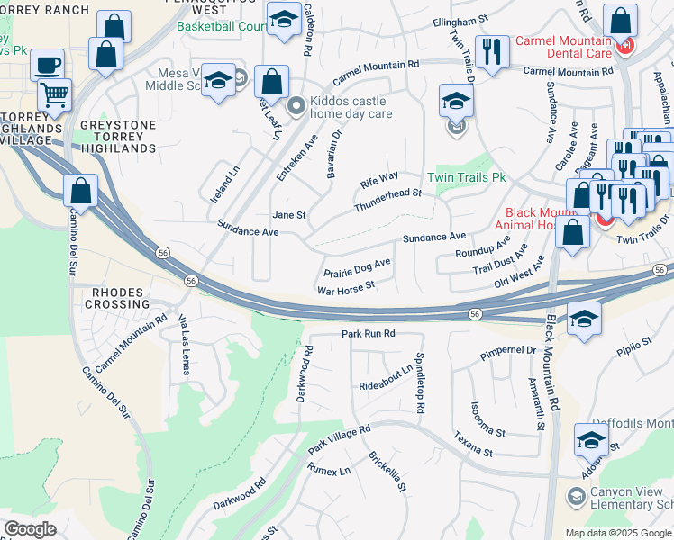 map of restaurants, bars, coffee shops, grocery stores, and more near 12740 Prairie Dog Avenue in San Diego