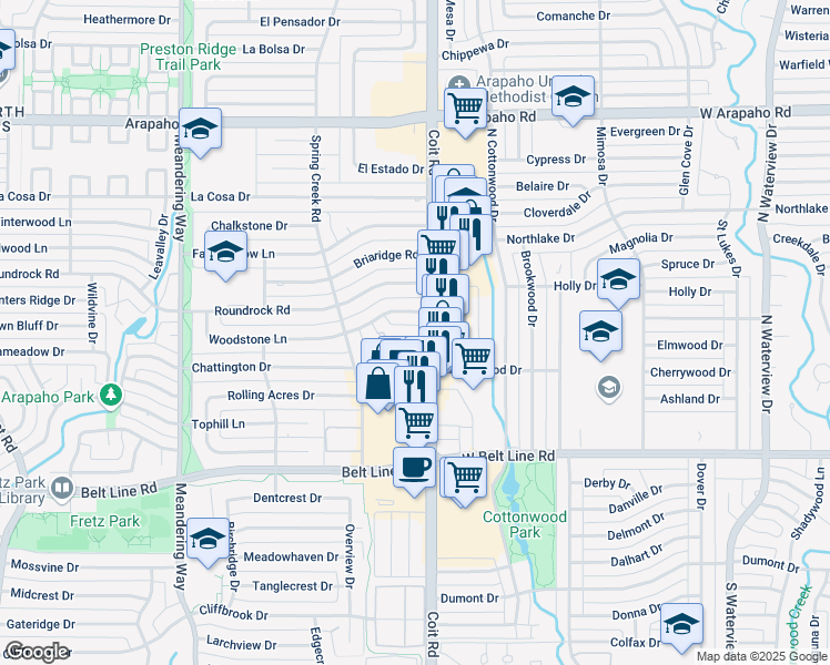 map of restaurants, bars, coffee shops, grocery stores, and more near 7943 Hillfawn Circle in Dallas
