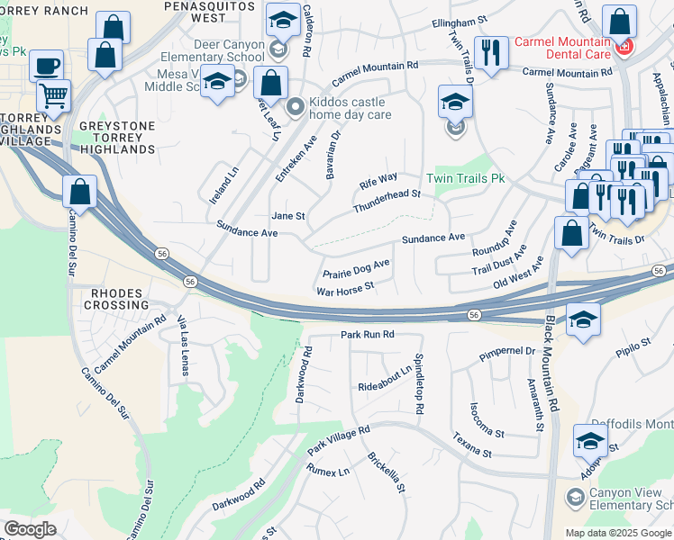 map of restaurants, bars, coffee shops, grocery stores, and more near 12740 Prairie Dog Avenue in San Diego
