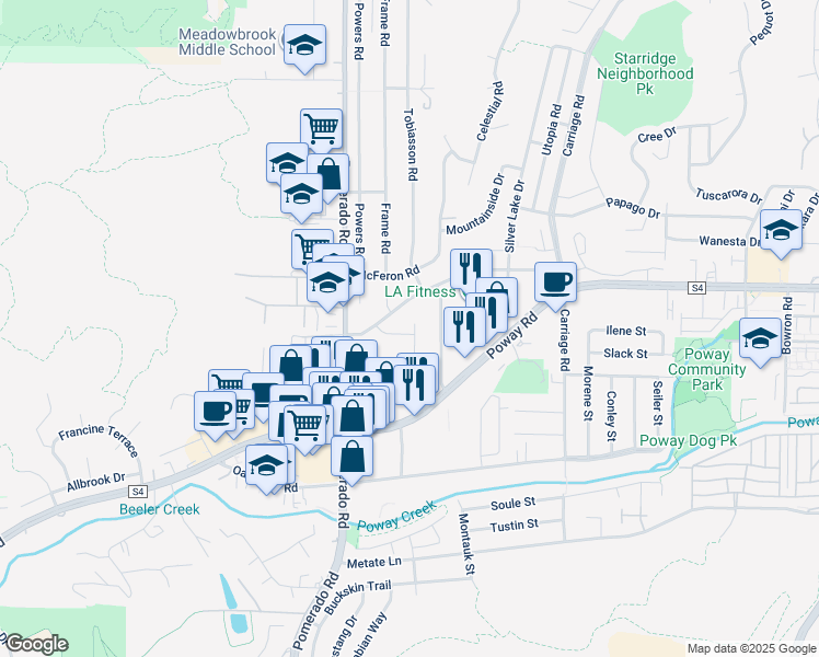 map of restaurants, bars, coffee shops, grocery stores, and more near 13212 Tobiasson Road in Poway