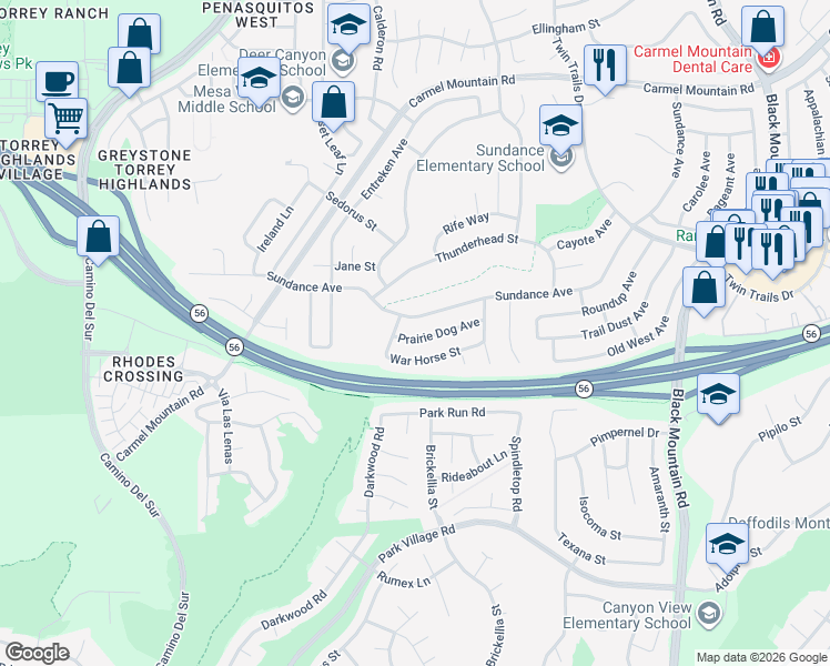 map of restaurants, bars, coffee shops, grocery stores, and more near 12795 Prairie Dog Avenue in San Diego
