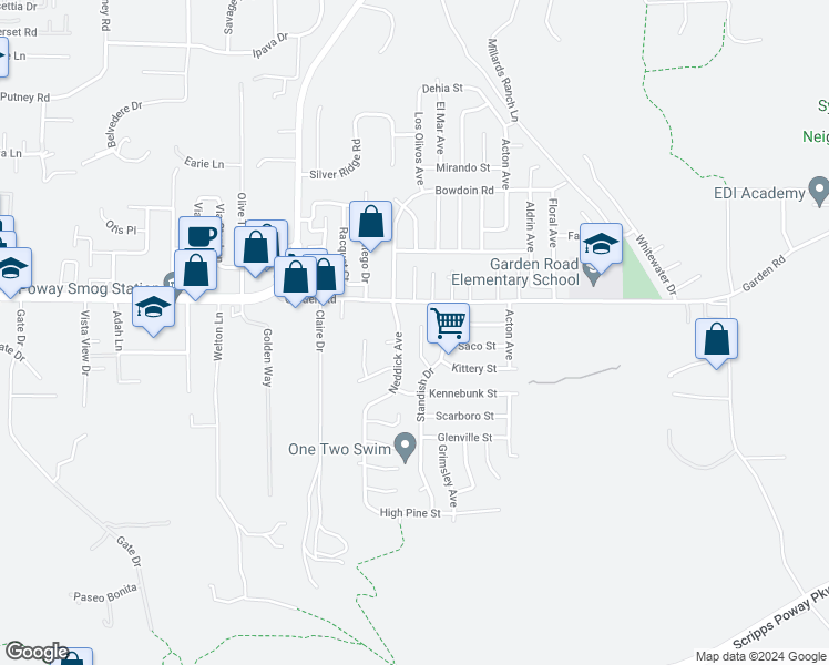 map of restaurants, bars, coffee shops, grocery stores, and more near 13232 Waltham Avenue in Poway