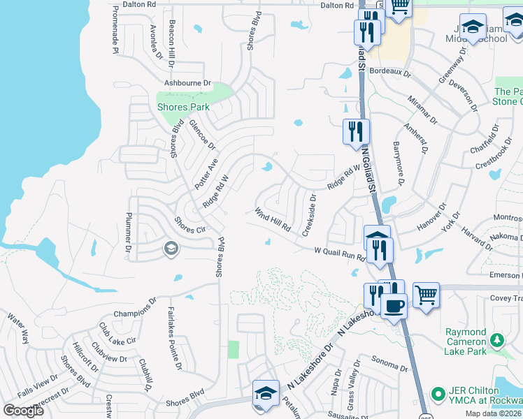 map of restaurants, bars, coffee shops, grocery stores, and more near 1865 Wind Hill Road in Rockwall