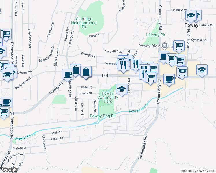 map of restaurants, bars, coffee shops, grocery stores, and more near 13126 Quate Court in Poway