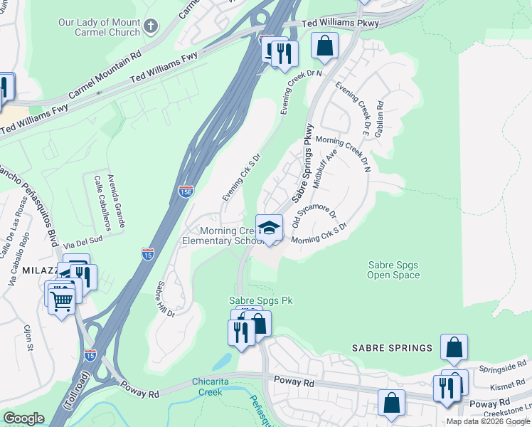 map of restaurants, bars, coffee shops, grocery stores, and more near 13006 Wimberly Square in San Diego